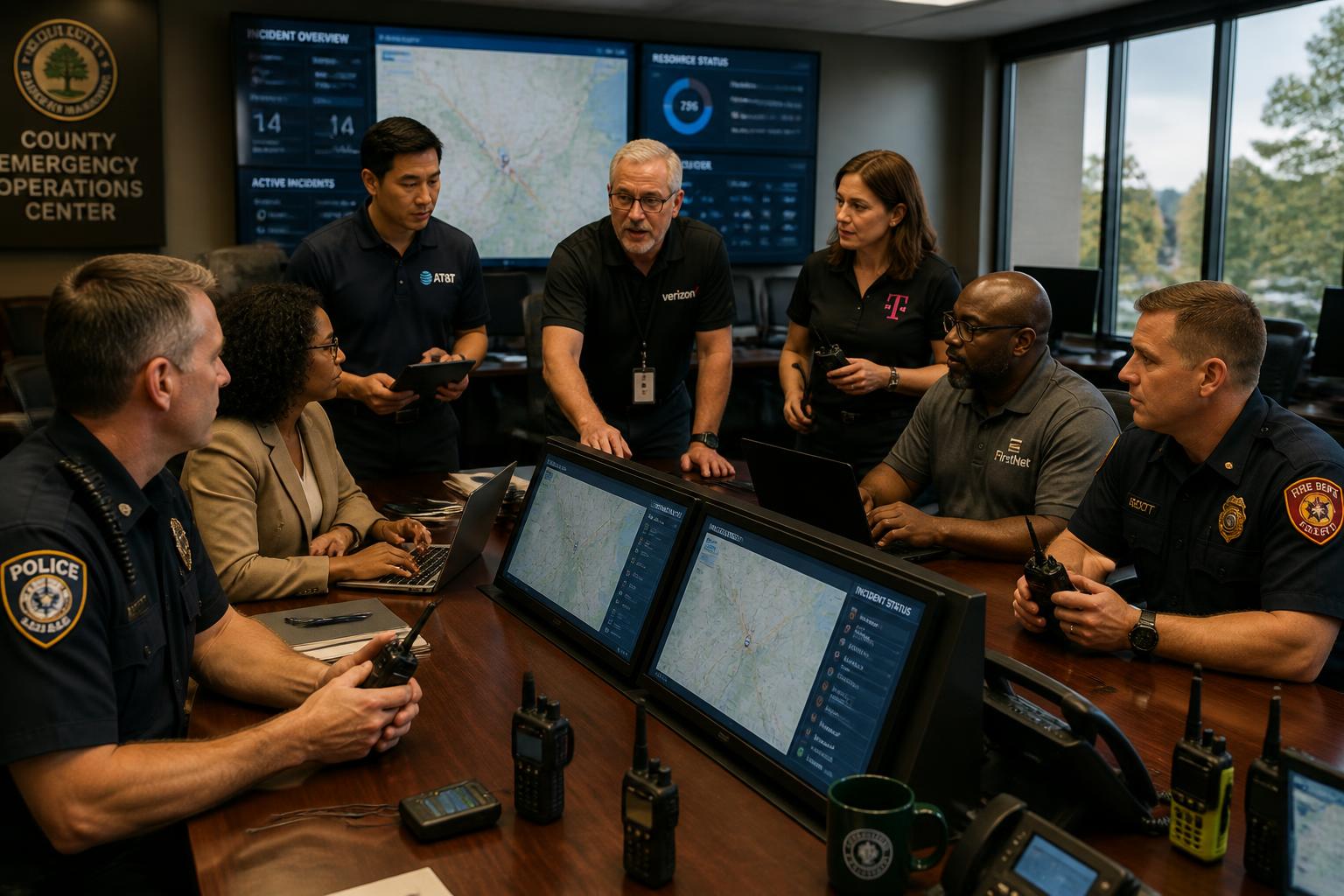 Emergency communications, operations, radio, and IT leaders collaborating around a planning table